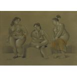 FERNANDO BOTERO - Tres Mujeres - Watercolor and pencil drawing