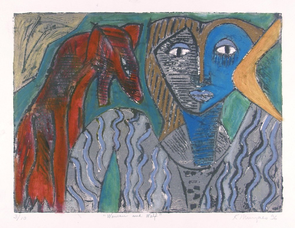 KARIMA MUYAES - Woman and Wolf - Carborundum plate with oil colors