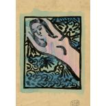 SHIKO MUNAKATA - Reclining Female Nude I - Woodcut with watercolor handcoloring
