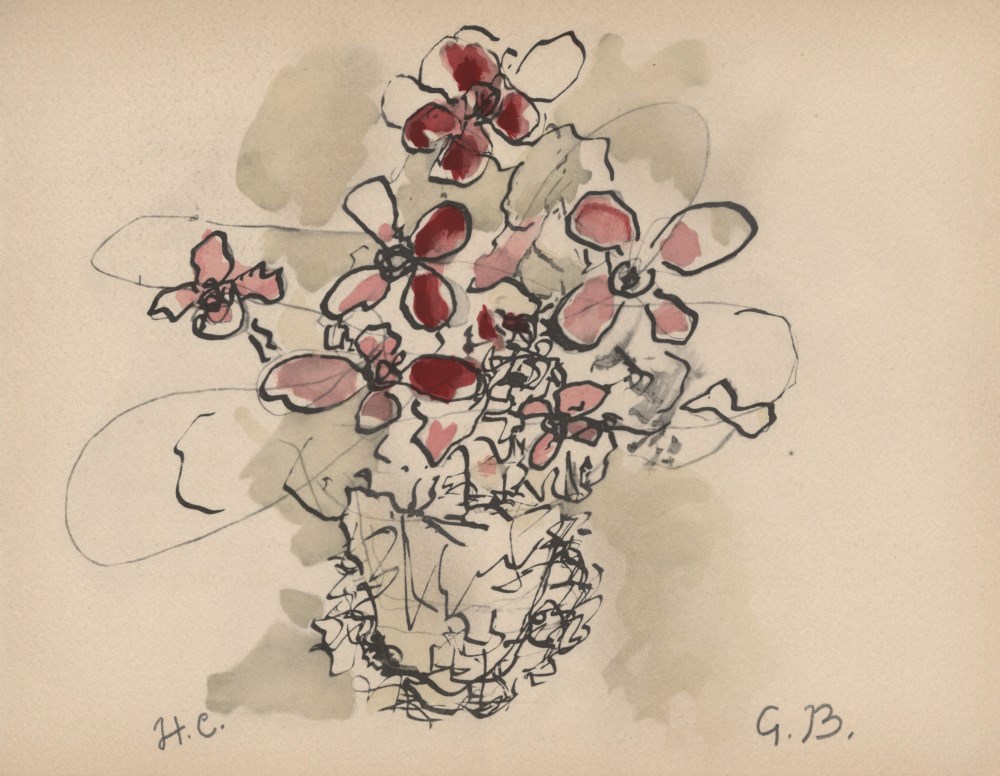 GEORGES BRAQUE - Fleurs rouges - Original hand-colored gouache pochoir on collotype