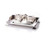 A GEORGE V SILVER INKSTAND, WALKER AND HALL, SHEFFIELD, 1914 Rectangular, the base surmounted by a