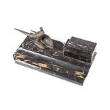 A BRONZE AND MARBLE INKWELL The rectangular marble base surmounted by a hinged rectangular box