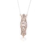 A DIAMOND AND PEARL PENDANT NECKLACE Designed as an openwork panel with scrolling decoration centred