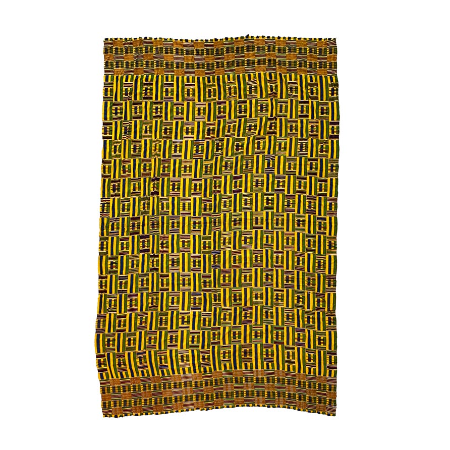 KENTE CLOTH, WEST AFRICA Rayon and other threads.Long strips woven on a narrow loom which have