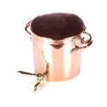 A COPPER WATER URN AND COVER The cylindrical body with brass tap and two copper handles, the