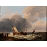 Hermanus Koekkoek the Elder (Dutch 1815-1882) FISHING BOATS ON A STORMY SEA label adhered to the