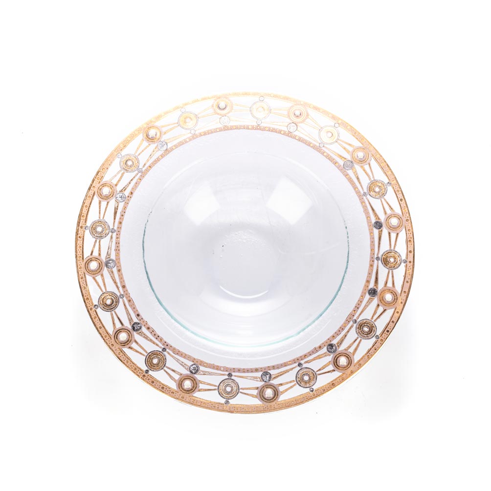 A GILDED AND ENAMELLED GLASS DISH, 1920s Circular, the flat rim applied with a geometric gilt-