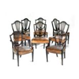 A SET OF EIGHT MAHOGANY HEPPLEWHITE STYLE DINING CHAIRS, 19TH CENTURY Comprising: six side chairs