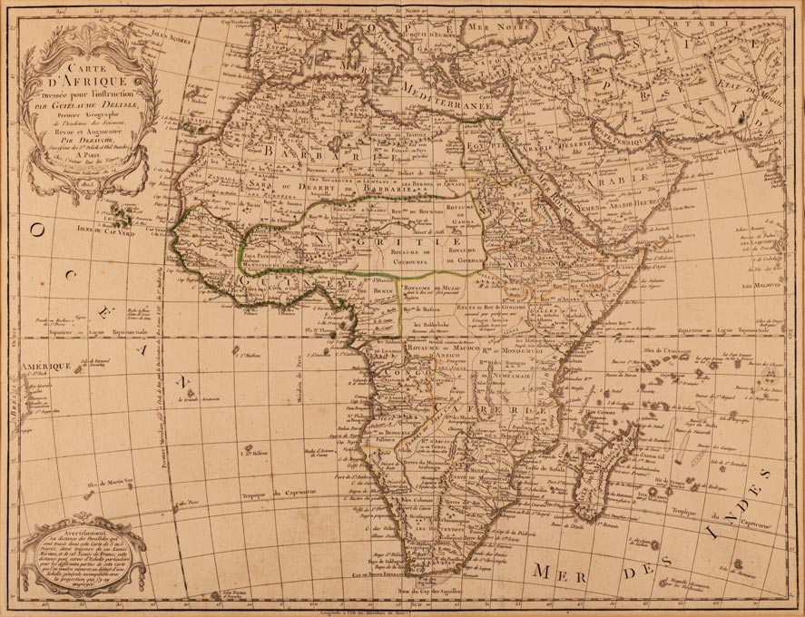 Guillaume De L’isle CARTE D'AFRIQUE Paris, 1805 Copperplate, hand coloured, light foxing, glued to