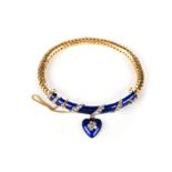 A VICTORIAN BLUE ENAMEL AND GOLD BRACELET Designed as a thick snake-link chain centred with a