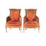 A PAIR OF FRENCH GILTWOOD AND UPHOLSTERED BERGERES, 19TH CENTURY Each curved and moulded top rail