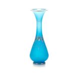 A FRENCH BLUE OPALENE ENAMELLED GLASS VASE, EARLY 20TH CENTURY The trumpet-shaped body finely