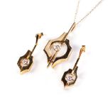 A DIAMOND PENDANT AND MATCHING DIAMOND PENDANT EARRINGS, CIRCA 1960s Each of geometric abstract