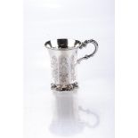 A VICTORIAN SILVER CHRISTENING MUG, MAKER'S MARK JF LONDON, 1846 Reeded everted rim, scroll engraved