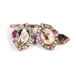A PAIR OF ENAMEL AND GEMSET CUFFLINKS Each centred with a miniature enamelled portrait of a