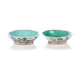 A NEAR PAIR OF CHINESE FAMILLE ROSE LOBED DISHES Painted to the exterior with roosters and