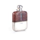 SILVER HIP FLASK, LEATHER FOLDER WITH GLASS INLAY G & J W HAWSKLY 20TH CENTAURY 13cm high, 8cm wide