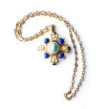 A CROSS PENDANT Bezel-set to the centre with an oval turquoise, embellished with 50 channel-set