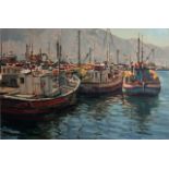 Dino Paravano (South African 1935-) HARBOUR SCENE signed and dated 80 oil on canvas laid down on