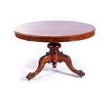 A TEAK CENTRE TABLE, 19TH CENTURY With round top, single turned pedestal above tripod down swept