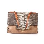 A LANVIN HANDBAG Suede and brown lizard embossed leather with shoulder strap, secured by a zip36cm