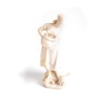 A WHITE MARBLE SCULPTURE OF GIRL FEEDING CHICKENS 42cm high, 17,5cm long, 16,5cm wide