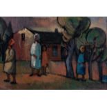 James Vicary Thackwray (South African 1919-1994) FIGURES WITH TREES AND HOUSE signed; titled on