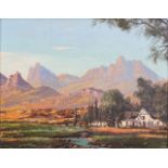 Tinus de Jongh (South African 1885-1942) FARMHOUSE AND MOUNTAINS signed oil on canvas 22 by 28cm