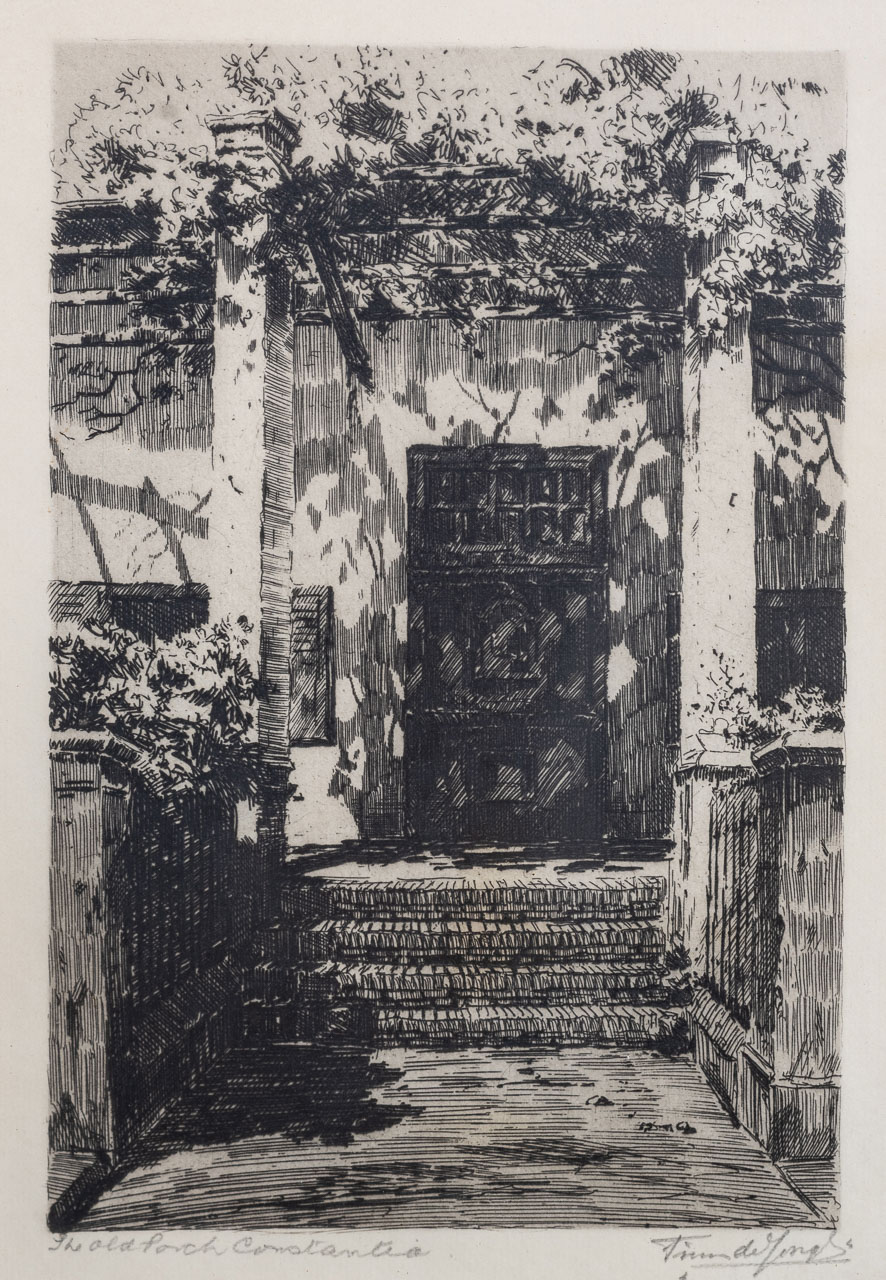 Tinus de Jongh (South African 1885-1942) THE OLD PORCH, CONSTANTIA etching, signed and titled in