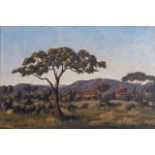 Simon Moroke Lekgetho (South African 1929-1985) HUTS AND TREES IN A LANDSCAPE signed and dated 67