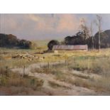 Christopher Tugwell (South African 1938-) FARM SCENE WITH GOATS AND HERDER signed oil on board 45 by