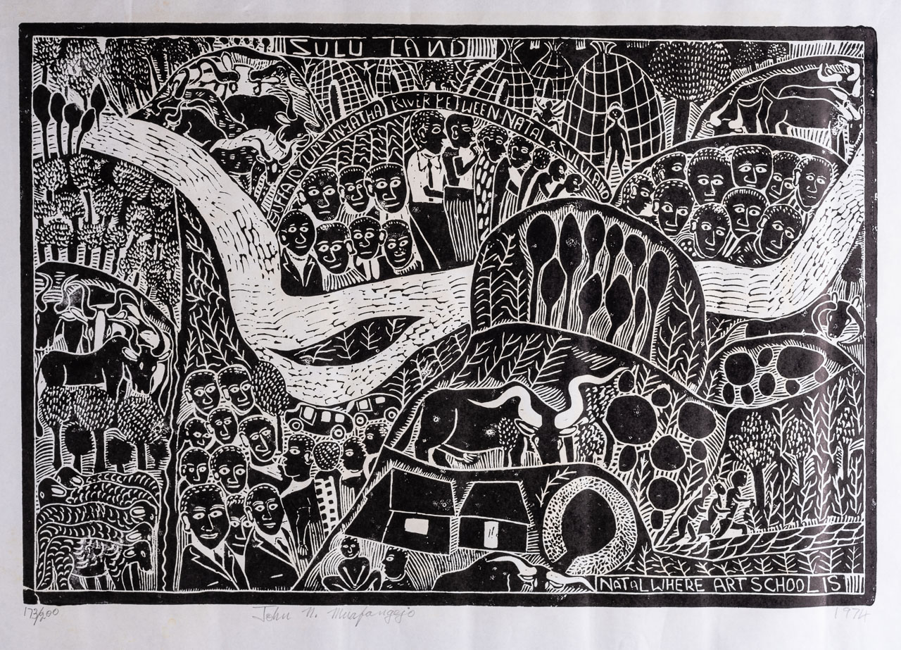 John Ndevasia Muafangejo (Namibian 1943-1987) ZULU LAND (Levinson 63) linocut, signed, dated 1974