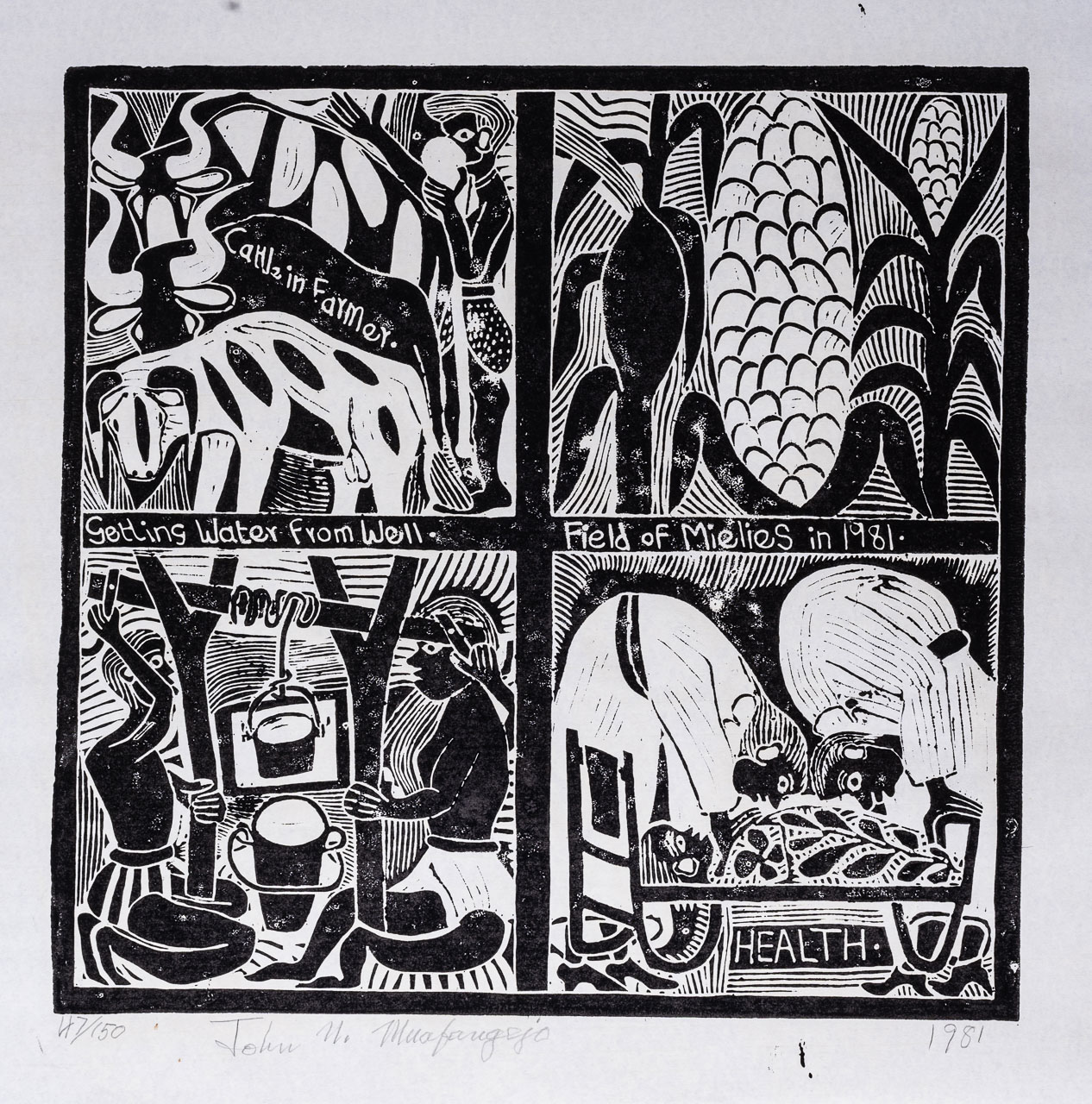 John Ndevasia Muafangejo (Namibian 1943-1987) CATTLE IN FARMER (Levinson 167) linocut, signed, dated