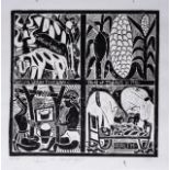 John Ndevasia Muafangejo (Namibian 1943-1987) CATTLE IN FARMER (Levinson 167) linocut, signed, dated