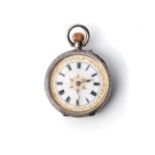 A GENTLEMAN’S SILVER POCKET WATCH The circular white dial with Roman numerals, calibrated floral