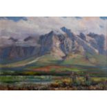 Pieter Hugo Naudé (South African 1868-1941) DISTANT MOUNTAIN PEAKS signed oil on panel 25 by 35,5cm