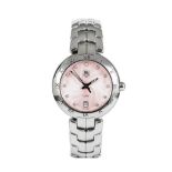 A LADY’S TAG HEUER WRISTWATCH Reference no. WAT1313.BA0956 the circular pink dial with diamond