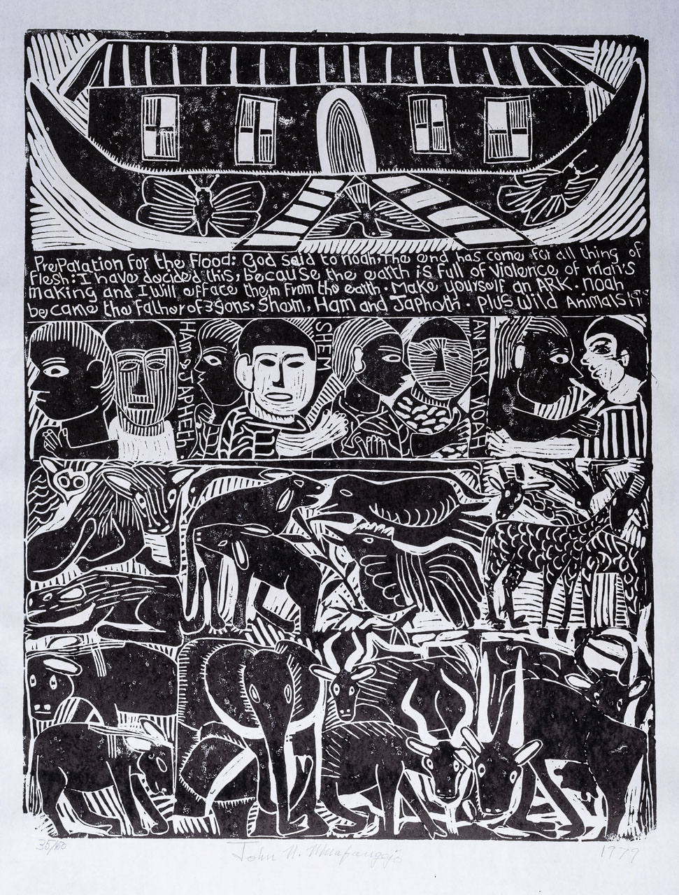 John Ndevasia Muafangejo (Namibian 1943-1987) AN ARK NOAH (Levinson 137) linocut, signed, dated 1979