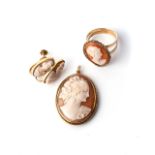 A SUITE OF CAMEO JEWELLERY Comprising a ring, pair of earrings and a pendant in 9ct yellow gold (4)