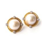 A PAIR OF MABÉ PEARL AND DIAMOND EARRINGS Bezel-set to the centre with a pair of 20mm matching