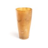 BOER POW DRINKING CUP Made from horn with a wooden base, Engraved BOER CAMP 1902, rare Height 11 cm