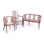 THREE PIECE SHERATON-STYLE CHAIRS With walnut marquetry on sheraton parlor back supports, string