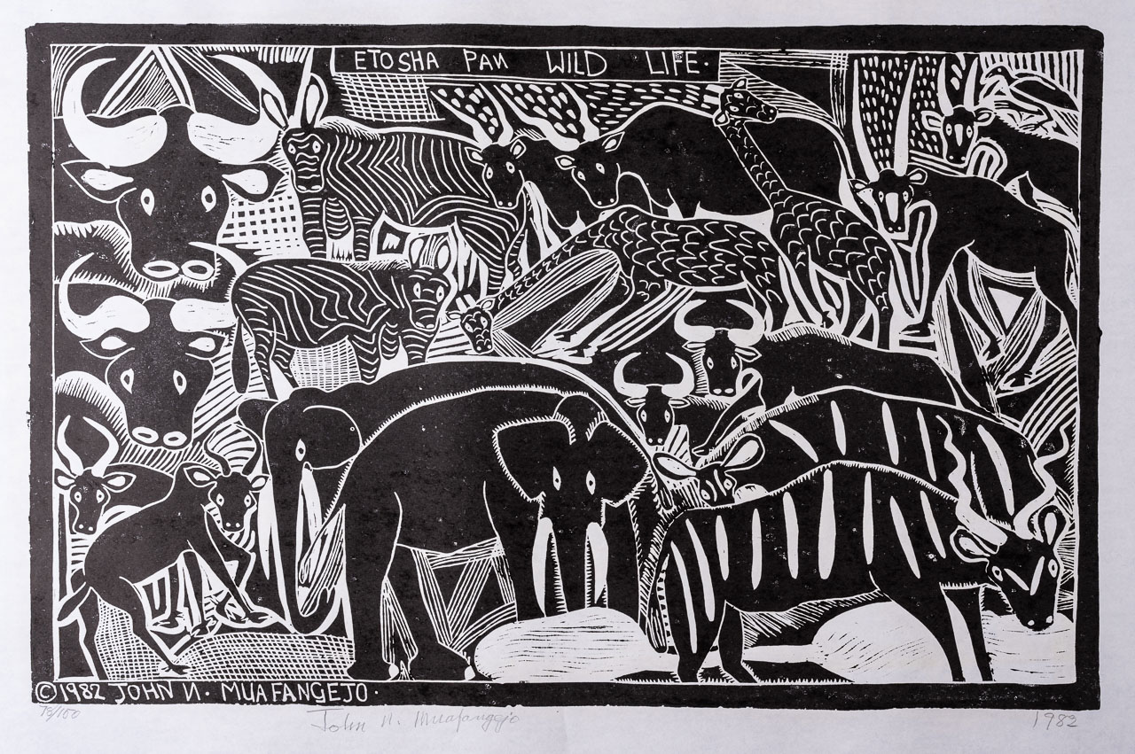 John Ndevasia Muafangejo (Namibian 1943-1987) ETOSHA PAN WILD LIFE (Levinson 183) linocut, signed,