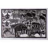 John Ndevasia Muafangejo (Namibian 1943-1987) ETOSHA PAN WILD LIFE (Levinson 183) linocut, signed,