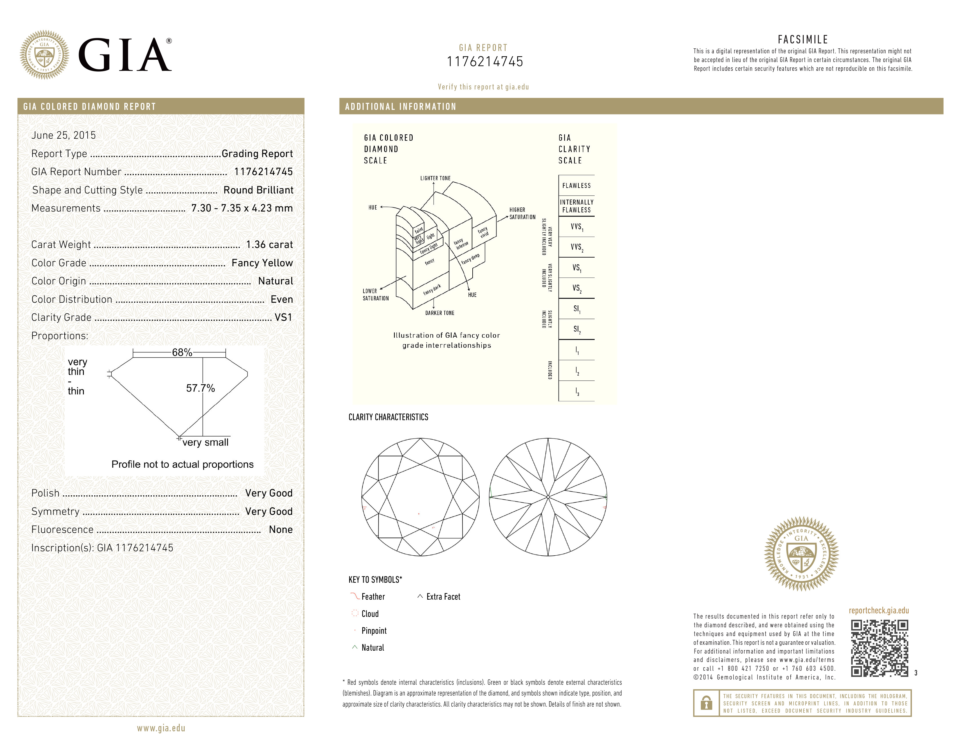 A 1.36 CARAT ROUND FANCY YELLOW DIAMOND The round brilliant-cut diamond accompanied by a GIA - Image 2 of 2