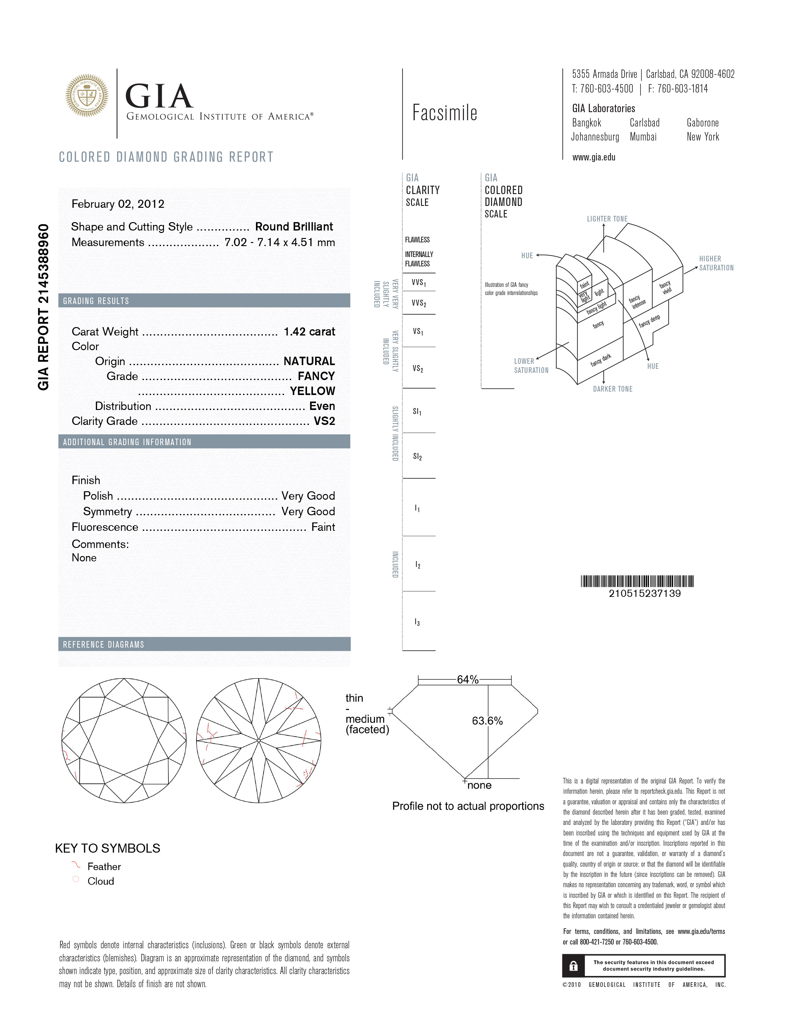 A 1.42 CARAT ROUND FANCY YELLOW DIAMOND The round brilliant-cut diamond accompanied by a GIA - Image 2 of 2