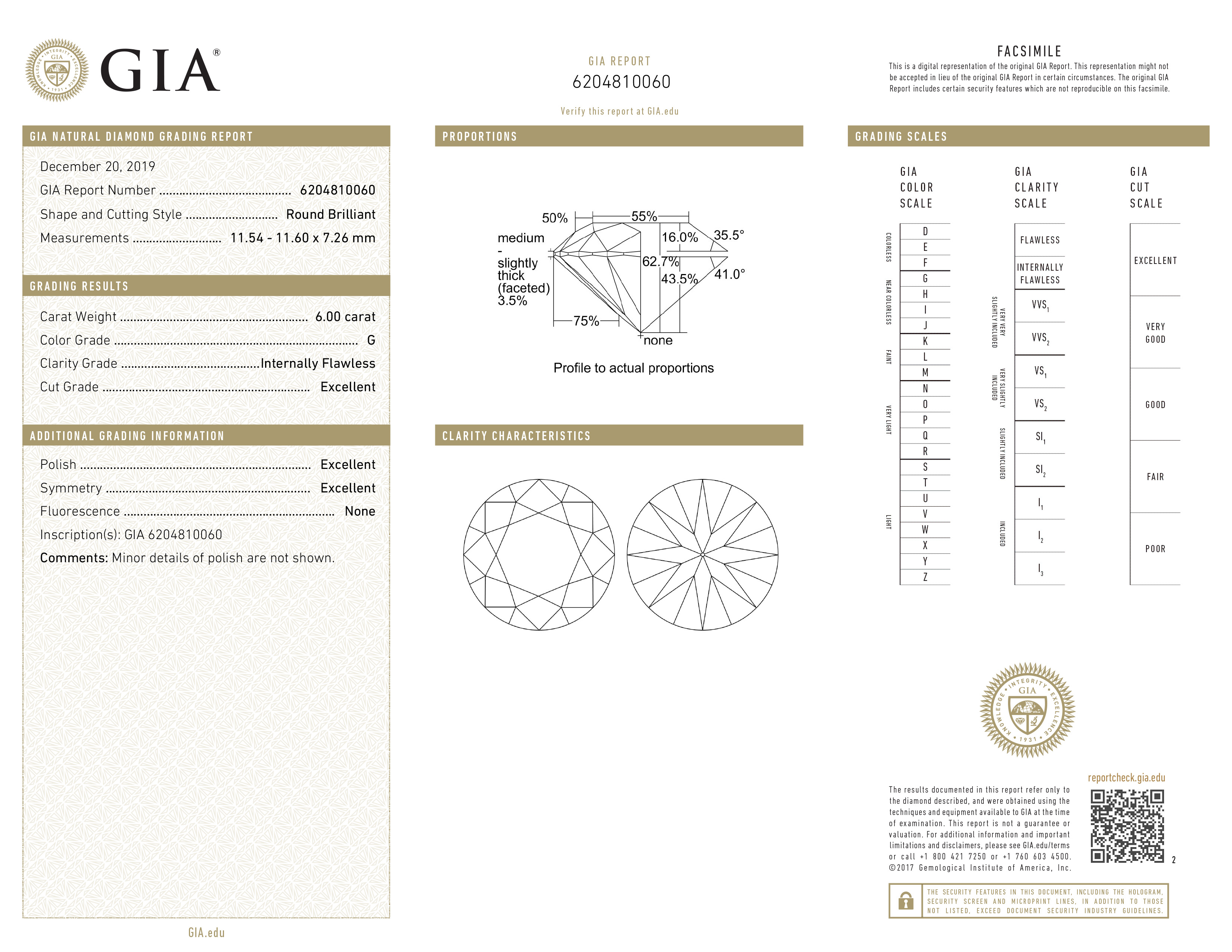 A 6.00 CARAT ROUND DIAMOND The round brilliant-cut diamond accompanied by a GIA certificate no. - Image 2 of 2