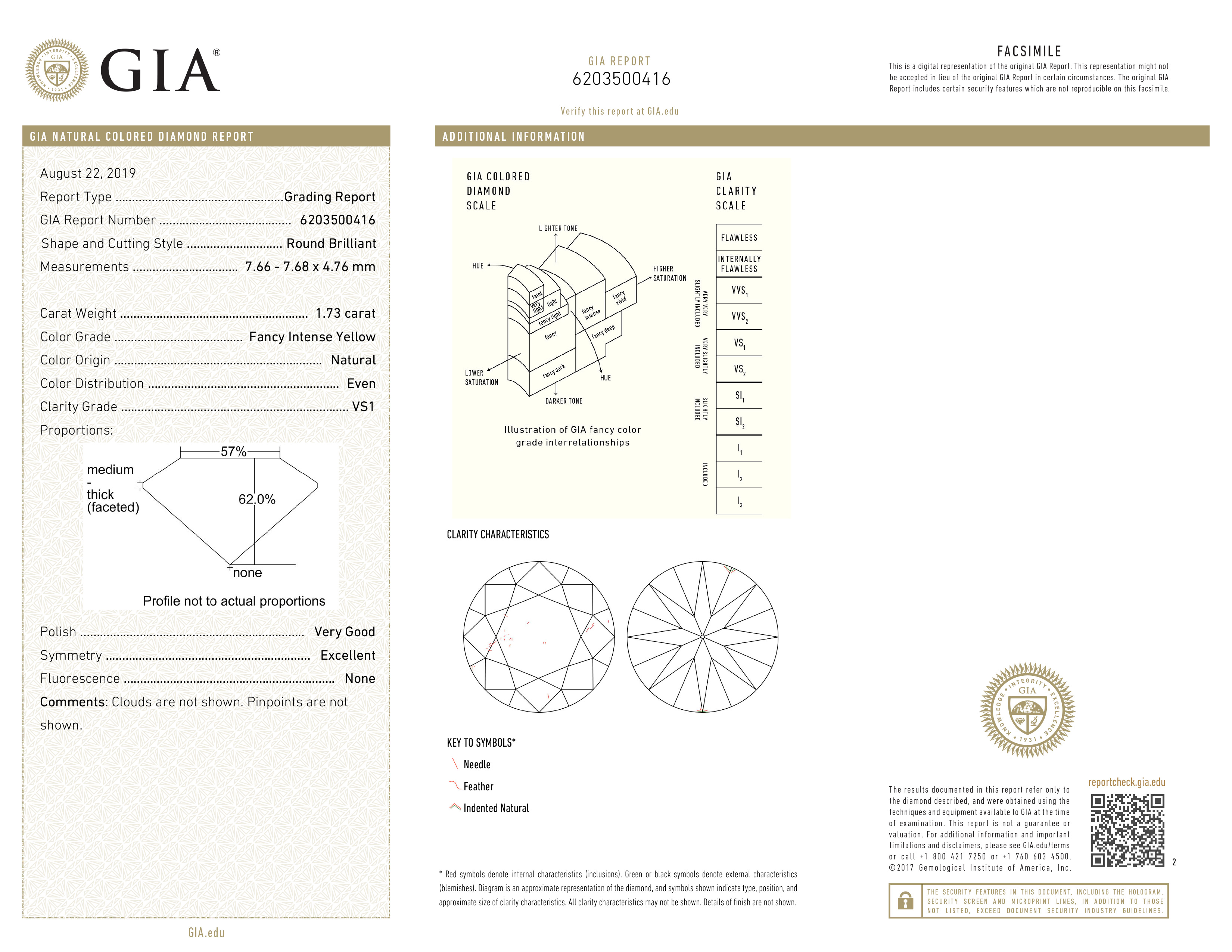 A 1.73 CARAT FANCY INTENSE YELLOW DIAMOND The round brilliant-cut diamond accompanied by a GIA - Image 2 of 2