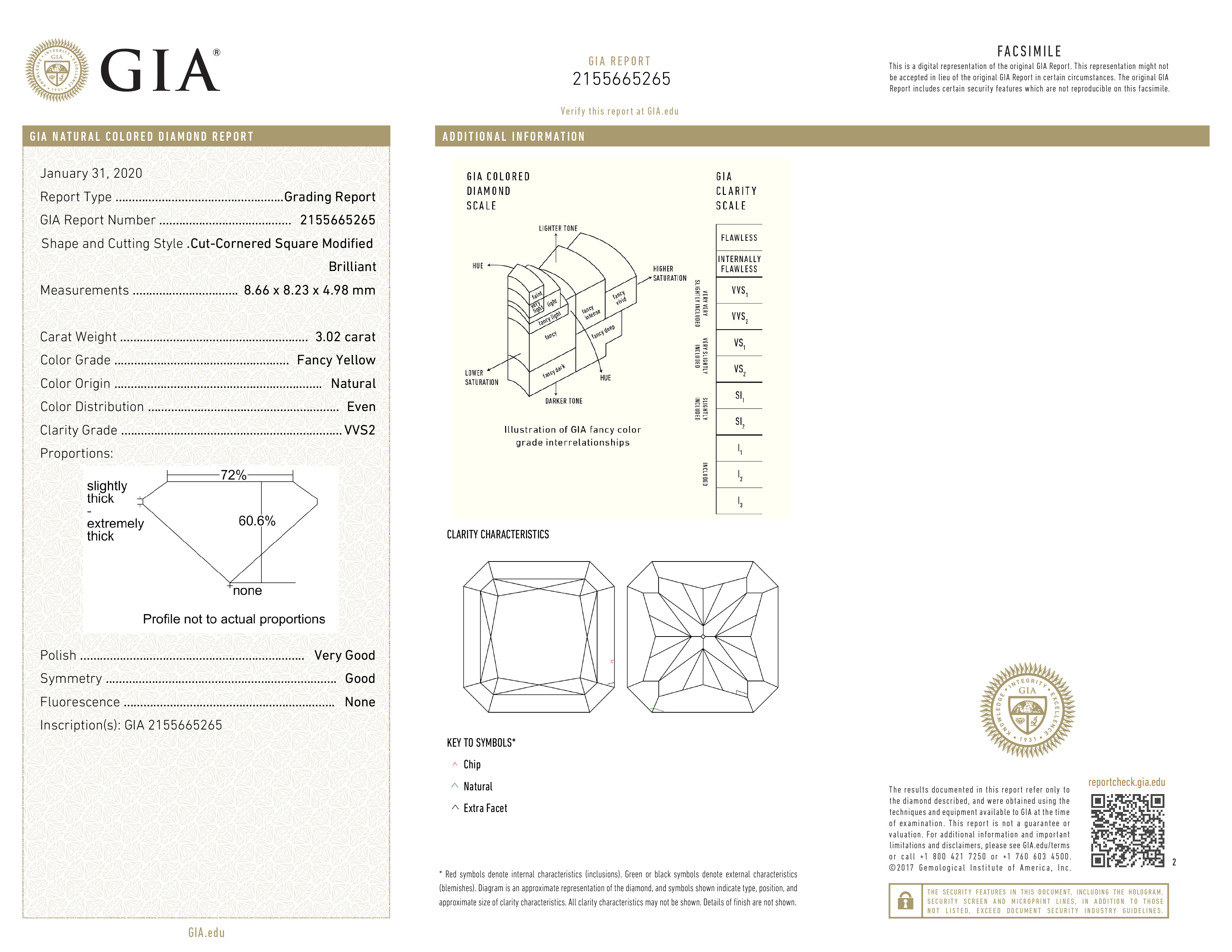 A 3.02 CARAT CUT-CORNERED SQUARE FANCY YELLOW DIAMOND The cut-cornered square diamond accompanied by - Image 2 of 2