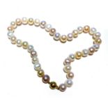 A PEARL NECKLACE composed of fresh water cultured pearls 7mm-8mm in width secured by a 9ct yellow